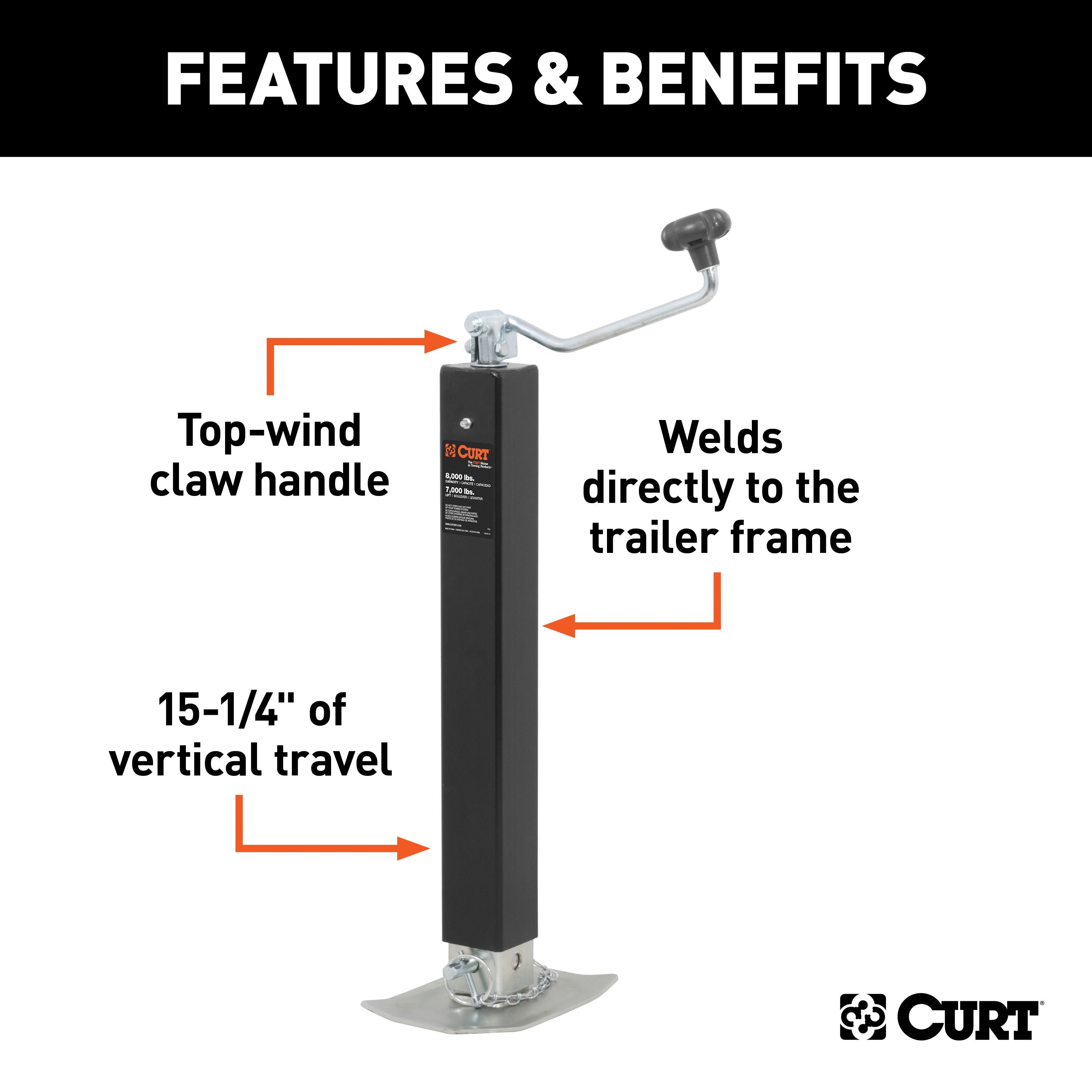 CURT Direct Weld On Heavy-Duty Trailer Jack, 8,000 lbs. Support Capacity, 15-1/4 Inches Vertical Travel Model 28570