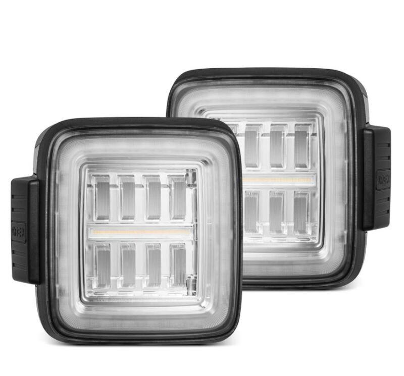 AlphaRex NOVA-Series LED tail lights for 2018-2024 Jeep Wrangler JL, featuring a sleek square design and bright illumination.