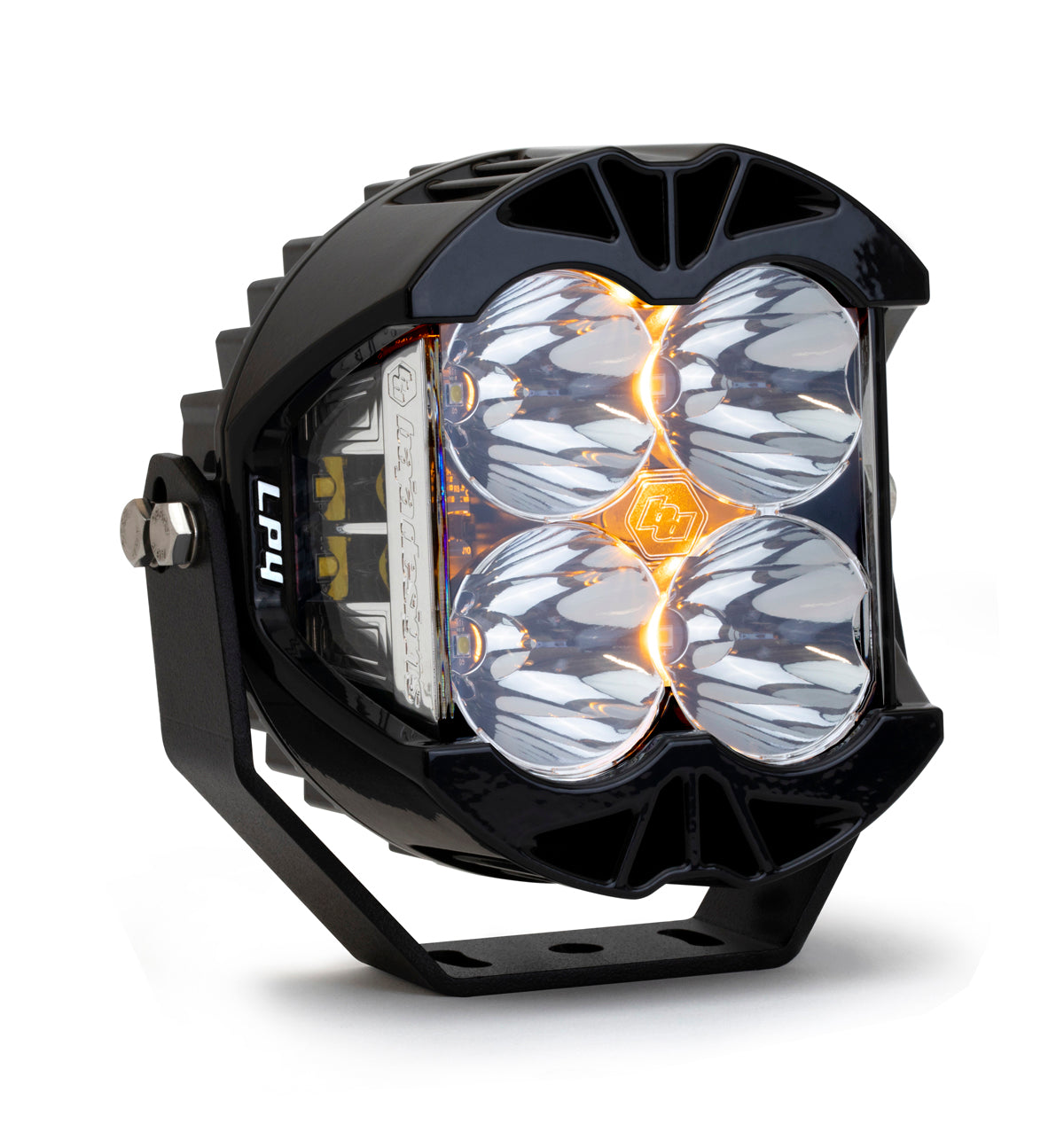 Baja Designs LP4 Pro LED driving lights in a black housing with four lenses, designed for offroad vehicles.