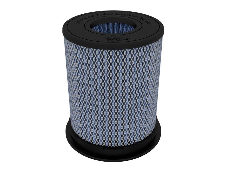 Afe Momentum intake replacement air filter with inverted design, featuring a cylindrical shape and blue mesh material.