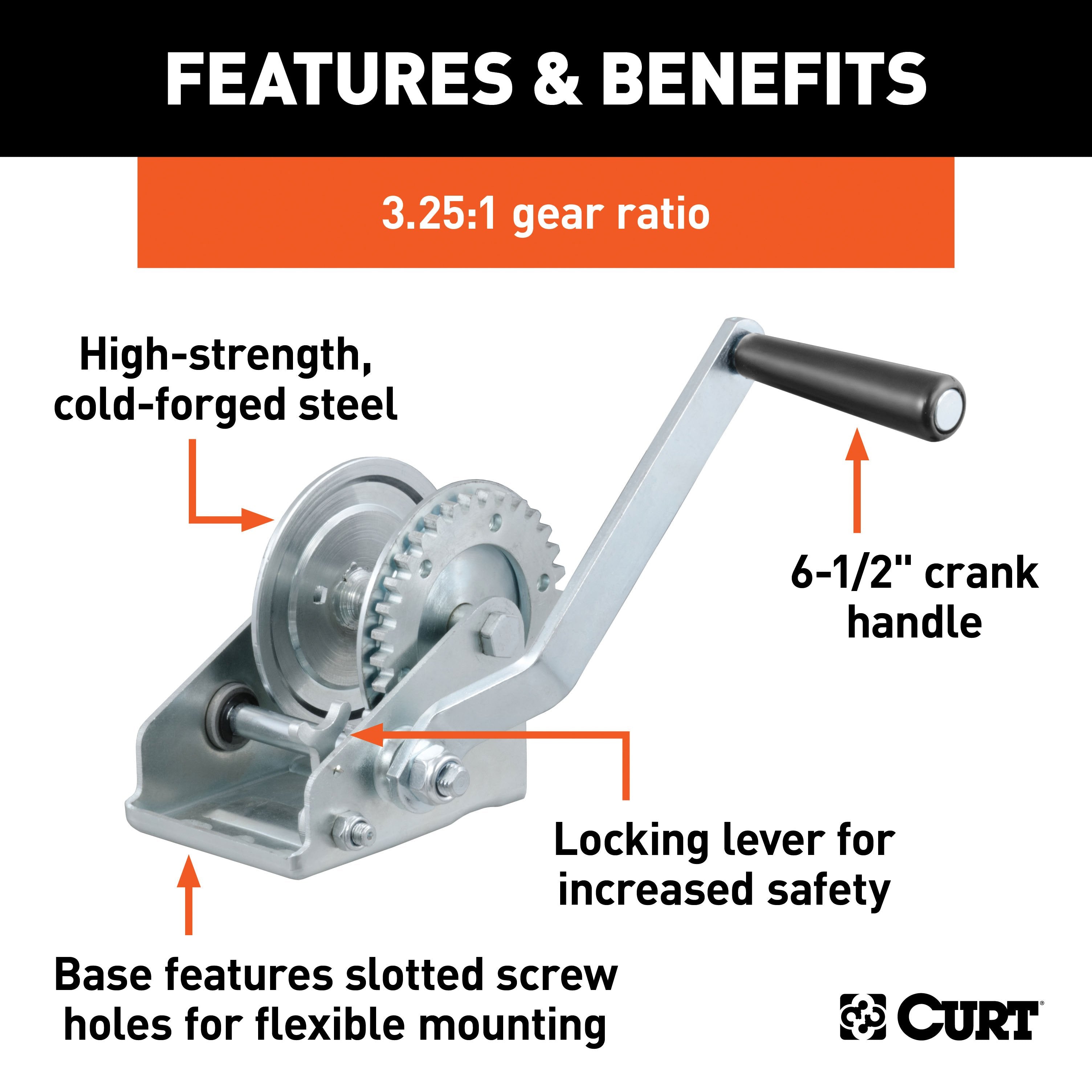 CURT Manual Hand Crank Boat Trailer Winch, 900 lbs Capacity, 6-1/2-Inch Handle, 3.25:1 Gear Ratio Model 29423