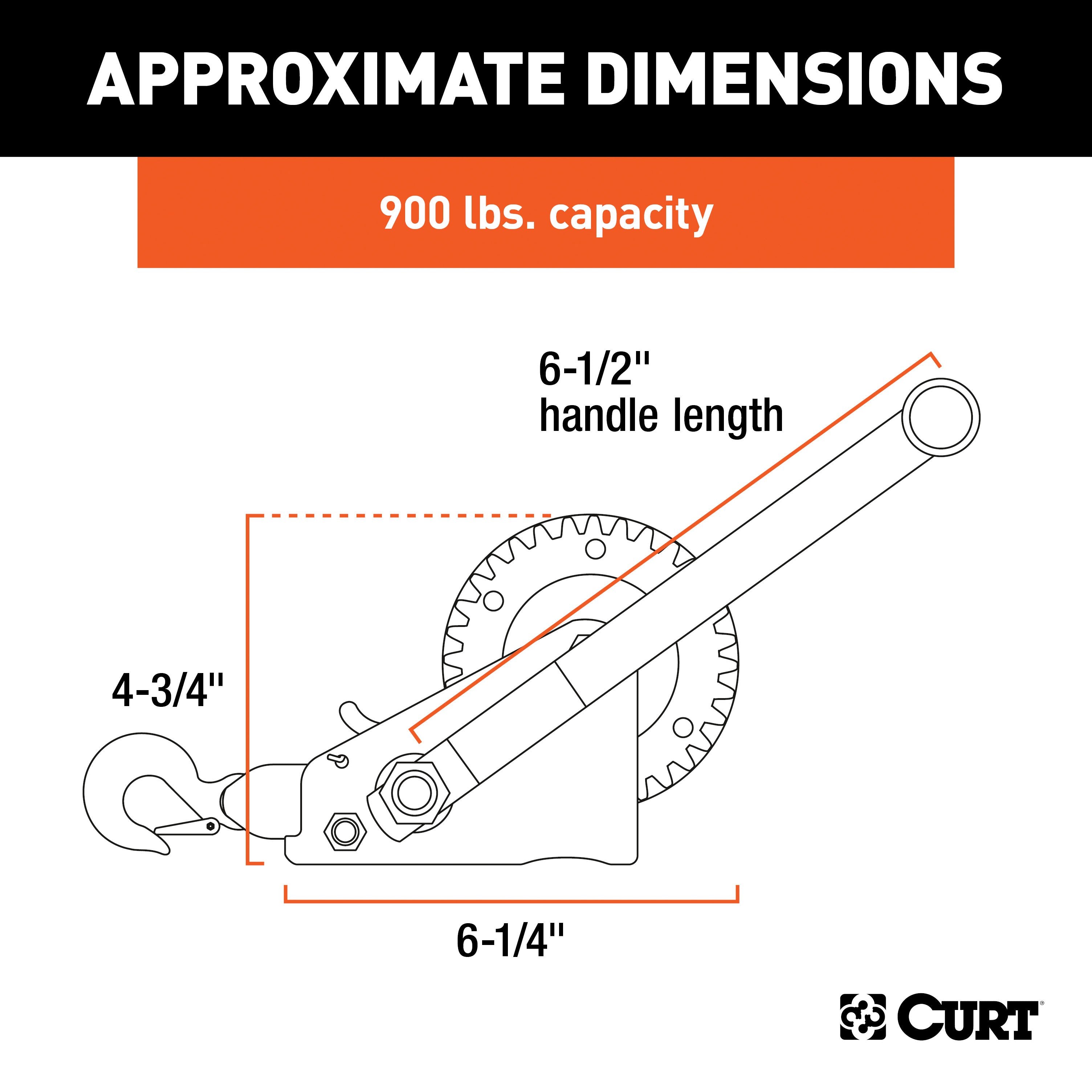 CURT Manual Hand Crank Boat Trailer Winch, 900 lbs Capacity, 6-1/2-In Handle, 3.25:1 Gear Ratio, 15' Strap Model 29433