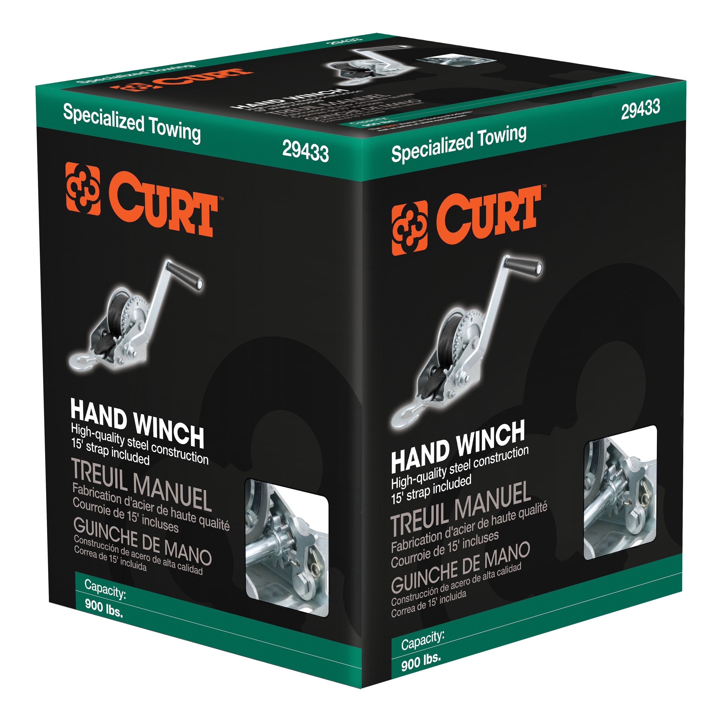 CURT Manual Hand Crank Boat Trailer Winch, 900 lbs Capacity, 6-1/2-In Handle, 3.25:1 Gear Ratio, 15' Strap Model 29433