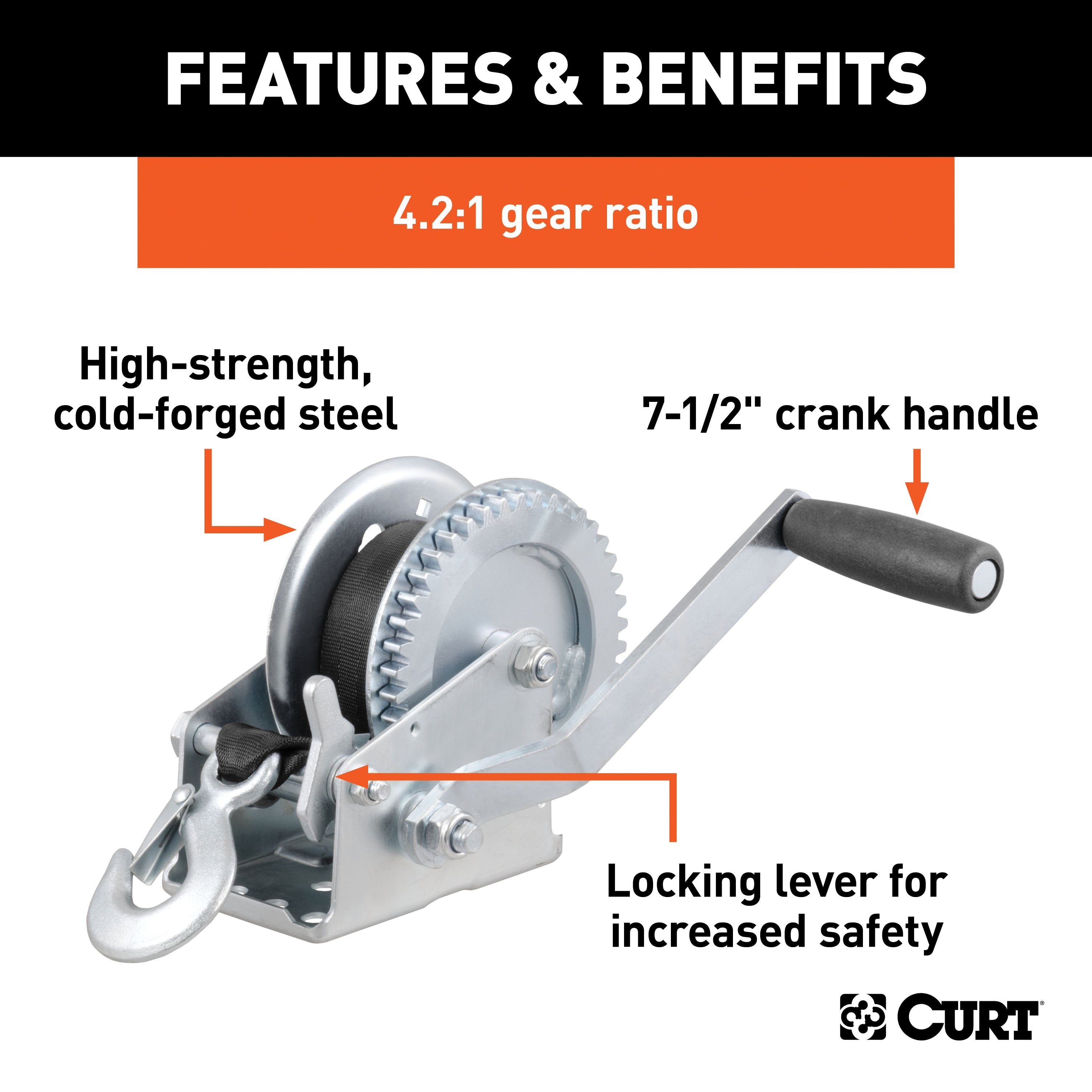CURT Manual Hand Crank Boat Trailer Winch, 1,400 lbs Capacity, 7-1/2" Handle, 4.2:1 Gear Ratio, 20' Strap Model 29435