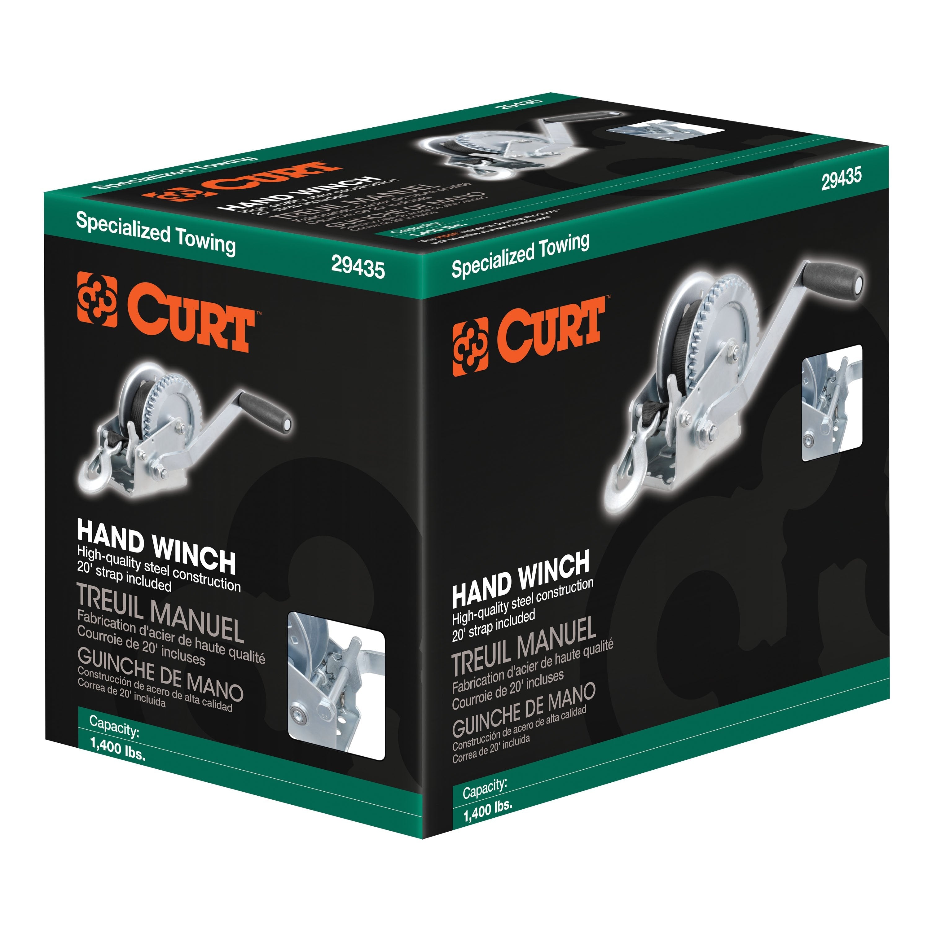CURT Manual Hand Crank Boat Trailer Winch, 1,400 lbs Capacity, 7-1/2" Handle, 4.2:1 Gear Ratio, 20' Strap Model 29435
