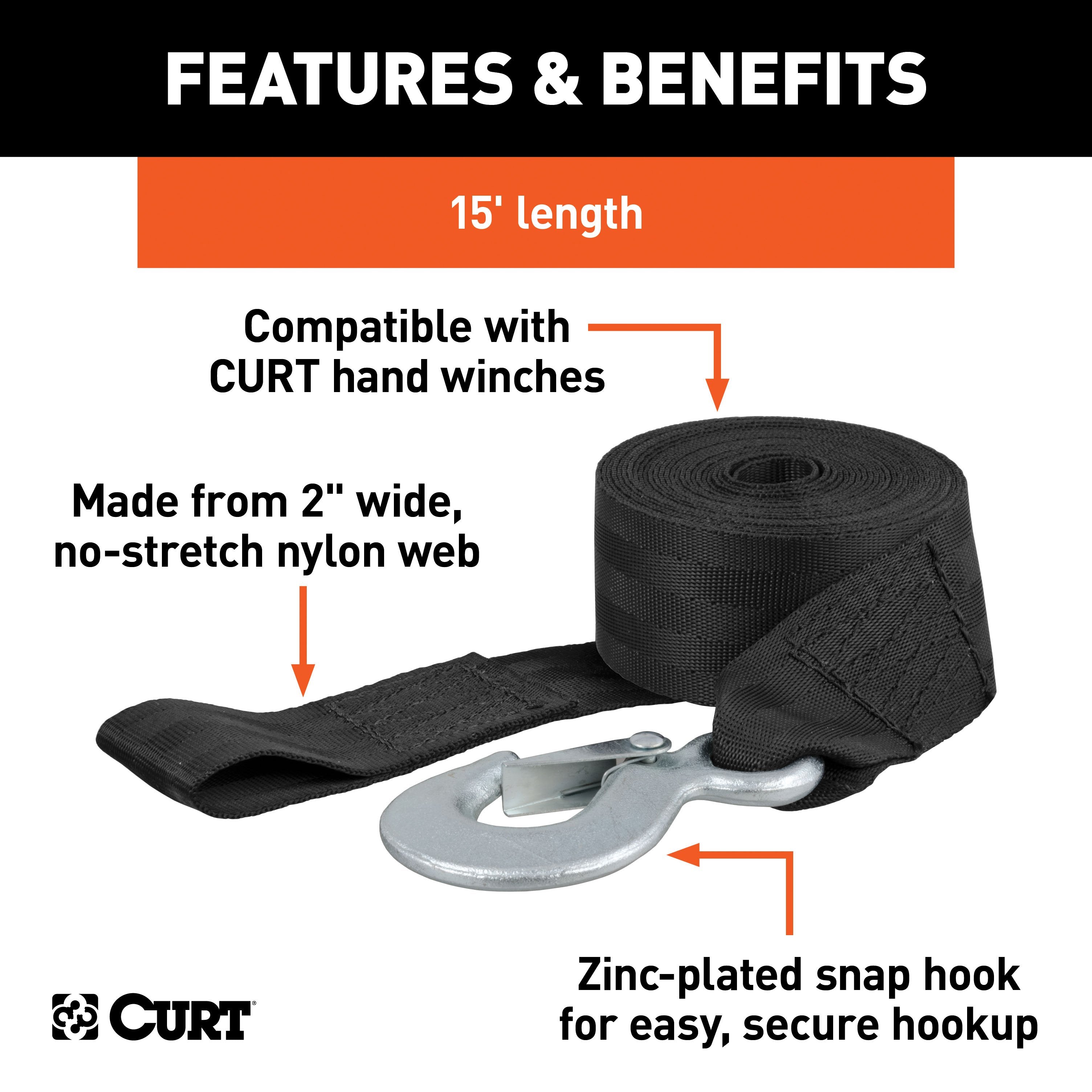 CURT 2-Inch x 15-Foot Nylon Winch Strap with Hook, 3,300 lbs Model 29450