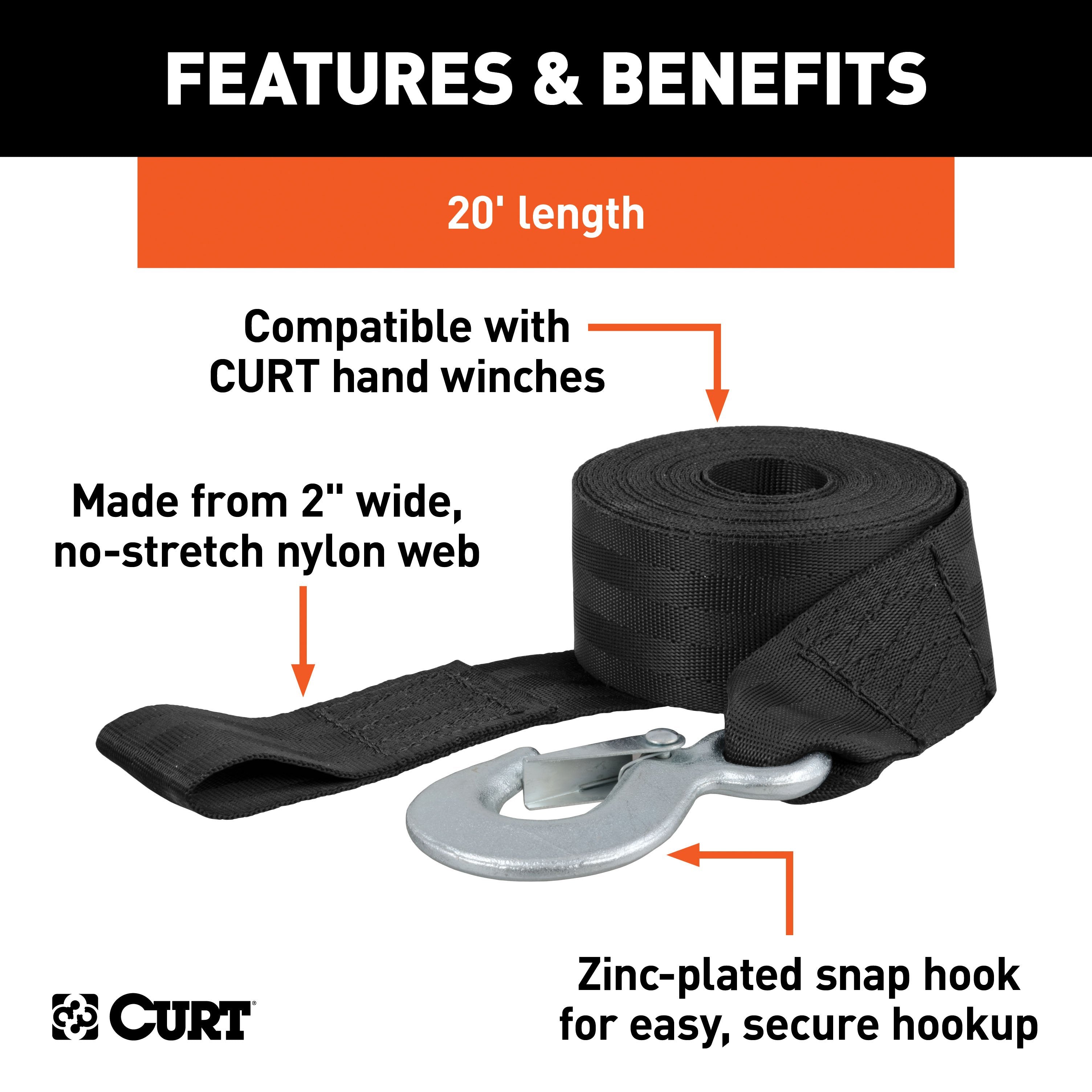 CURT 2-Inch x 20-Foot Nylon Winch Strap with Hook, 3,300 lbs Model 29451