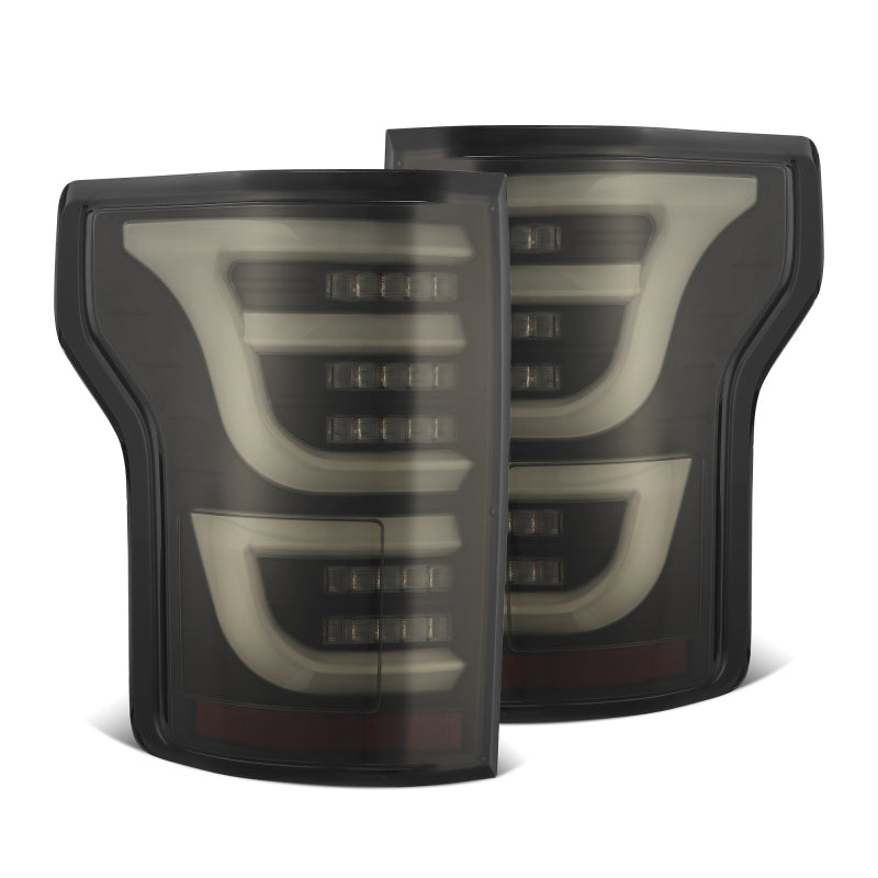 AlphaRex Luxx-Series LED tail lights for 2015-2020 Ford F150 in alpha-black finish, featuring modern design and enhanced visibility.