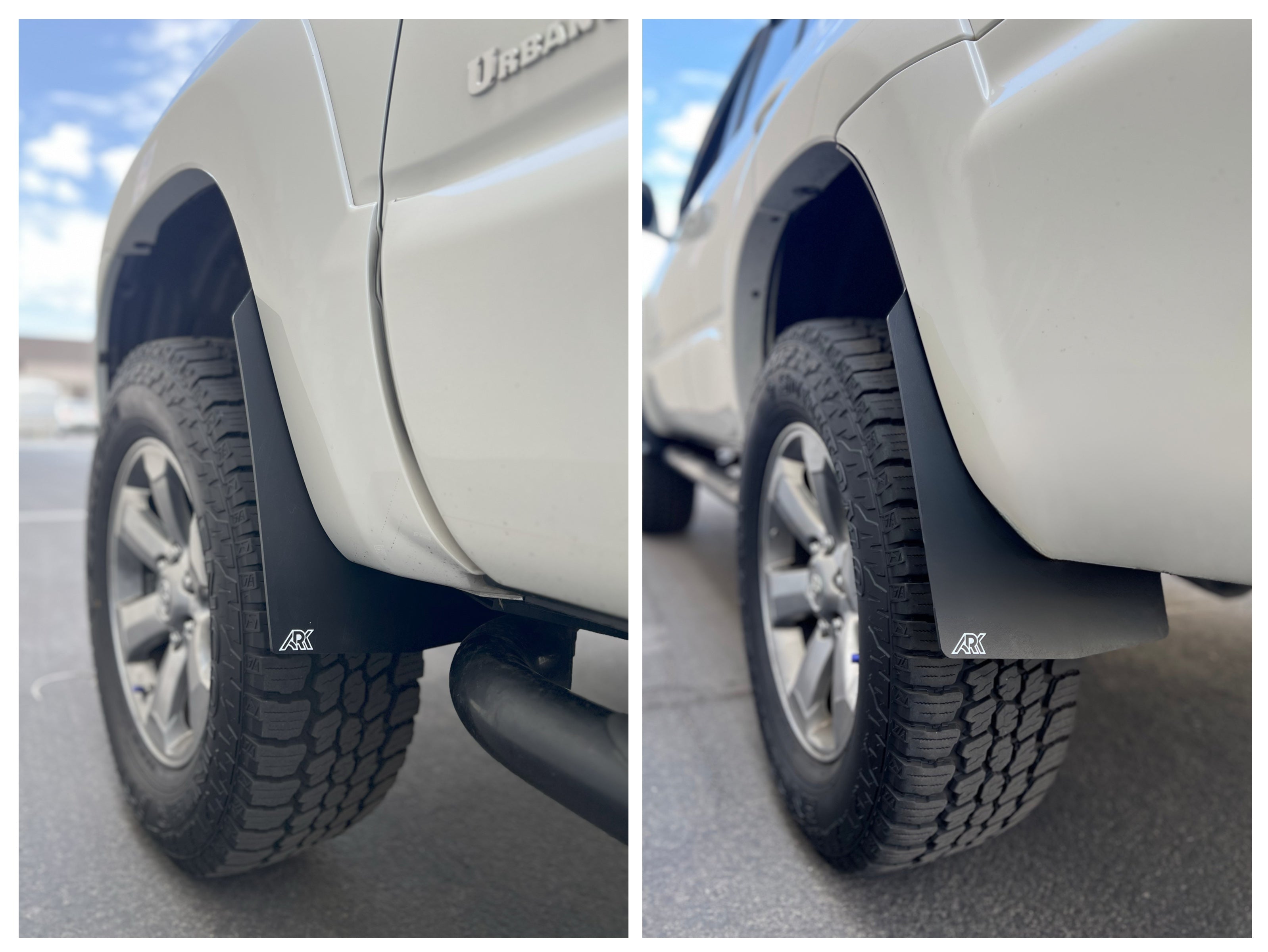 2006-2009 Toyota 4Runner TriXpoly Mid-Mudflaps installed on a white SUV, showcasing durable protection for tires.