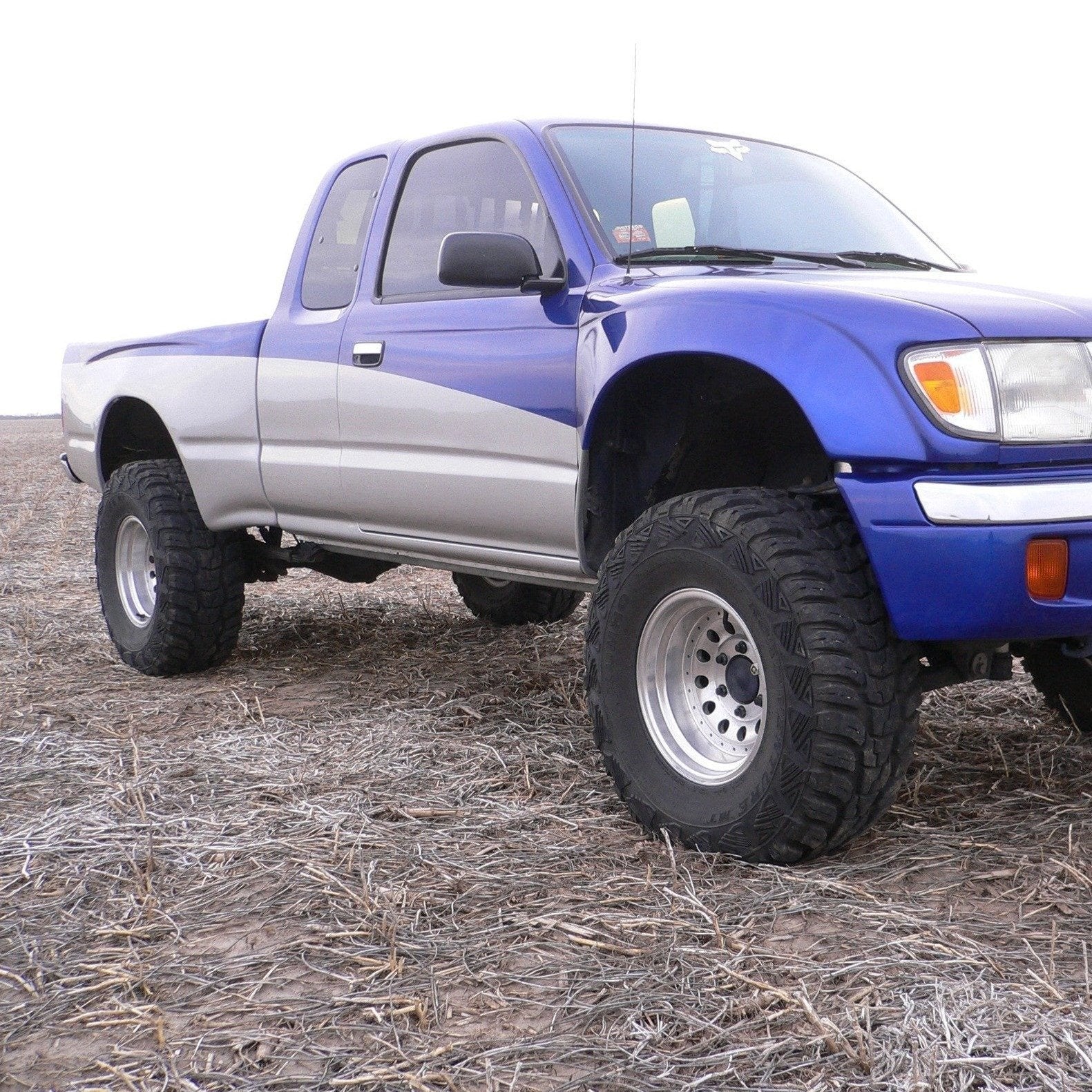 1995-2004 Toyota Tacoma with custom bedsides, showcasing a lifted stance and rugged tires in an outdoor setting.