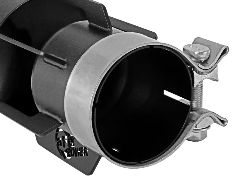 Close-up of afe MACH Force-Xp universal exhaust tip featuring a 3-inch inlet, 4-inch outlet, and 15-inch length.