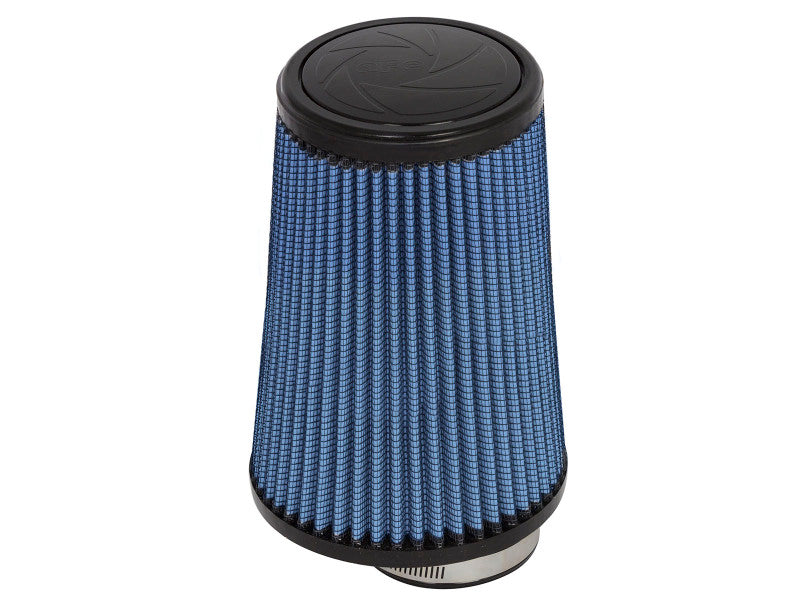 Afe Magnum FLOW universal air filter with a blue pleated design, featuring a 3-inch inlet and 9-inch height for improved airflow.