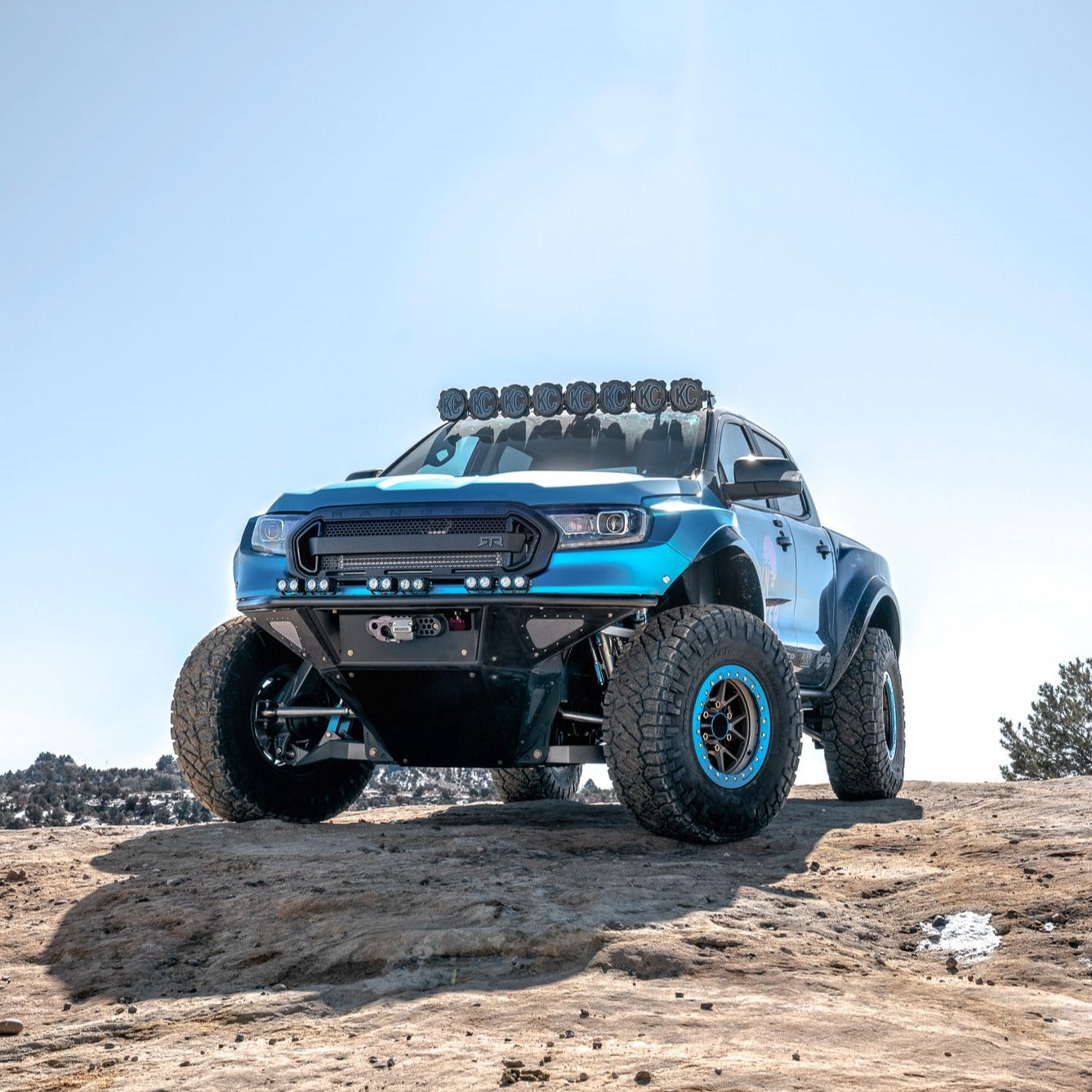 2019-2023 Ford Ranger fenders on a modified truck showcasing offroad capabilities in a rugged outdoor setting.