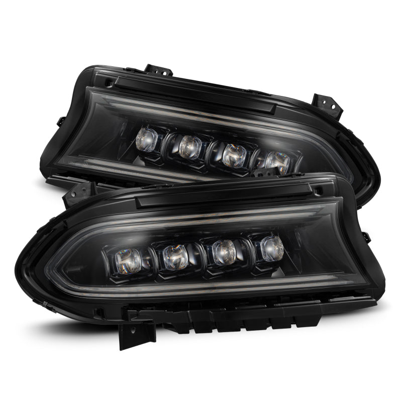 AlphaRex NOVA LED projector headlights for 2015-2023 Dodge Charger in black with active lighting and sequential signals.