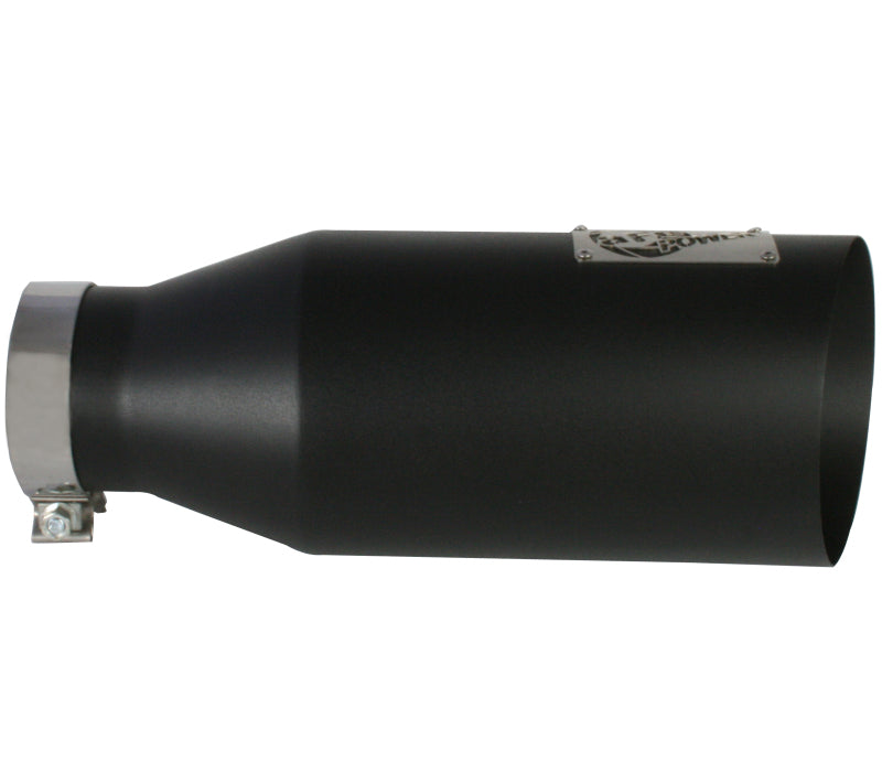 Black afe MACH Force-Xp universal exhaust tip with a 4-inch inlet, 7-inch outlet, and 18-inch length for enhanced performance.