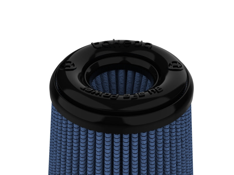 Inverted air filter with a black top and blue mesh material, designed for enhanced airflow and performance.