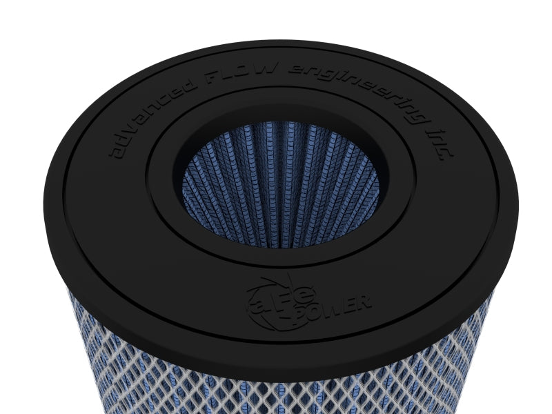 Afe Momentum intake replacement air filter with an inverted design, featuring a blue mesh filter and a black rubber base.