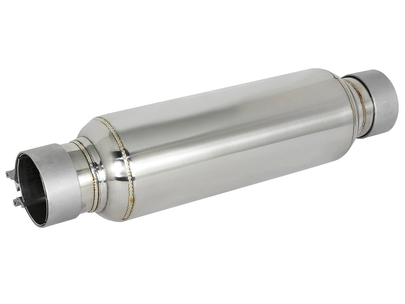 AFE MACH Force-XP resonator featuring a 2.5-inch inlet and outlet, 4-inch diameter, and 15-inch overall length, designed for enhanced exhaust performance.