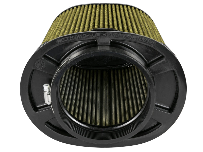 afe Momentum Intake Replacement Air Filter featuring a cylindrical design with a black frame and green filter media.