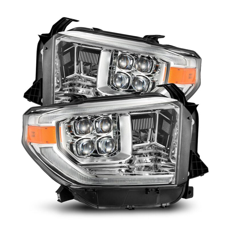 AlphaRex NOVA LED projector headlights for 2014-2021 Toyota Tundra with chrome finish, active light, sequential signal, and switchback DRL.