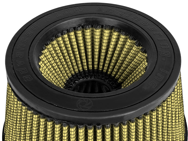 Inverted afe Magnum FORCE air filter featuring a yellow and black design, optimized for enhanced airflow and performance.