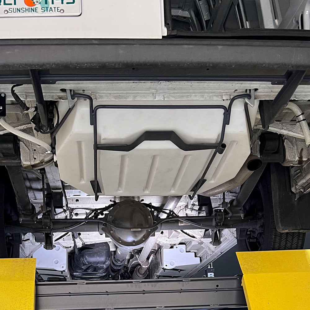 37-gallon fresh water tank installed under a Mercedes Sprinter, compatible with 2007-2025 models, showcasing secure mounting.