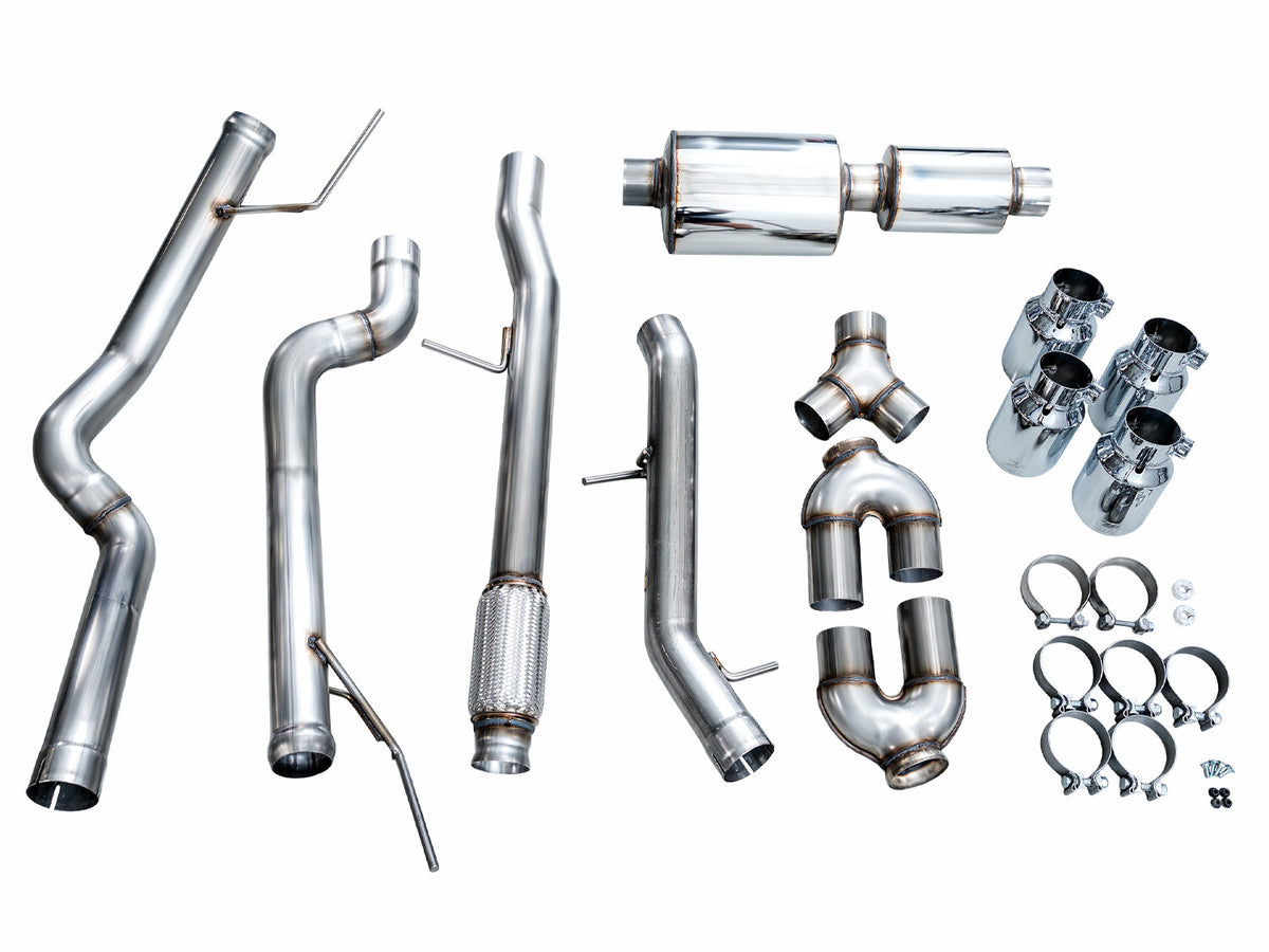 0FG Catback Split Rear Exit Exhaust for 21-Present Suburban/Yukon XL 5.3L - 4.5 Inch Quad Chrome Silver Tips AWE Tuning