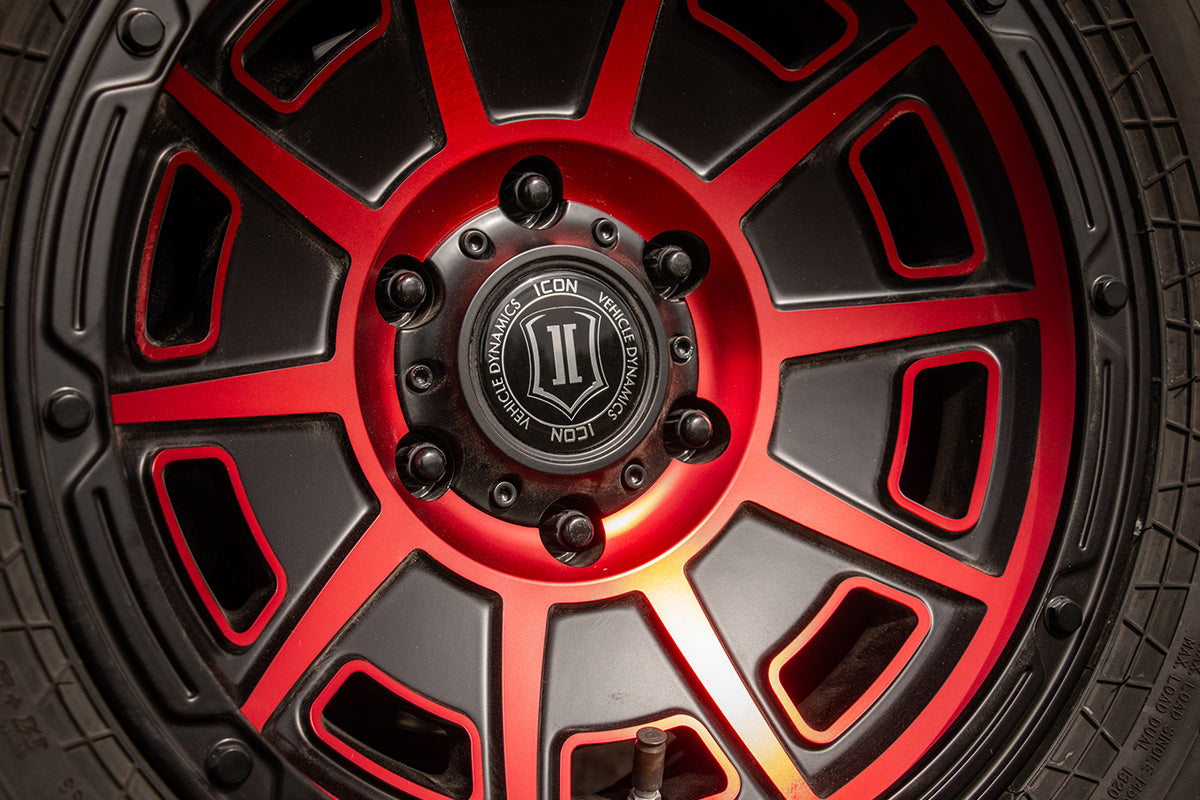 Victory 17 X 8.5 / 5X4.5 / 0MM / 4.75 Inch Back Space Satin Black W/ Red Tint, ICON Alloys