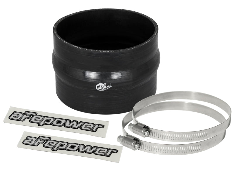 Black afe Magnum FORCE Intake Coupling Kit featuring a straight coupler, two stainless steel clamps, and decals.