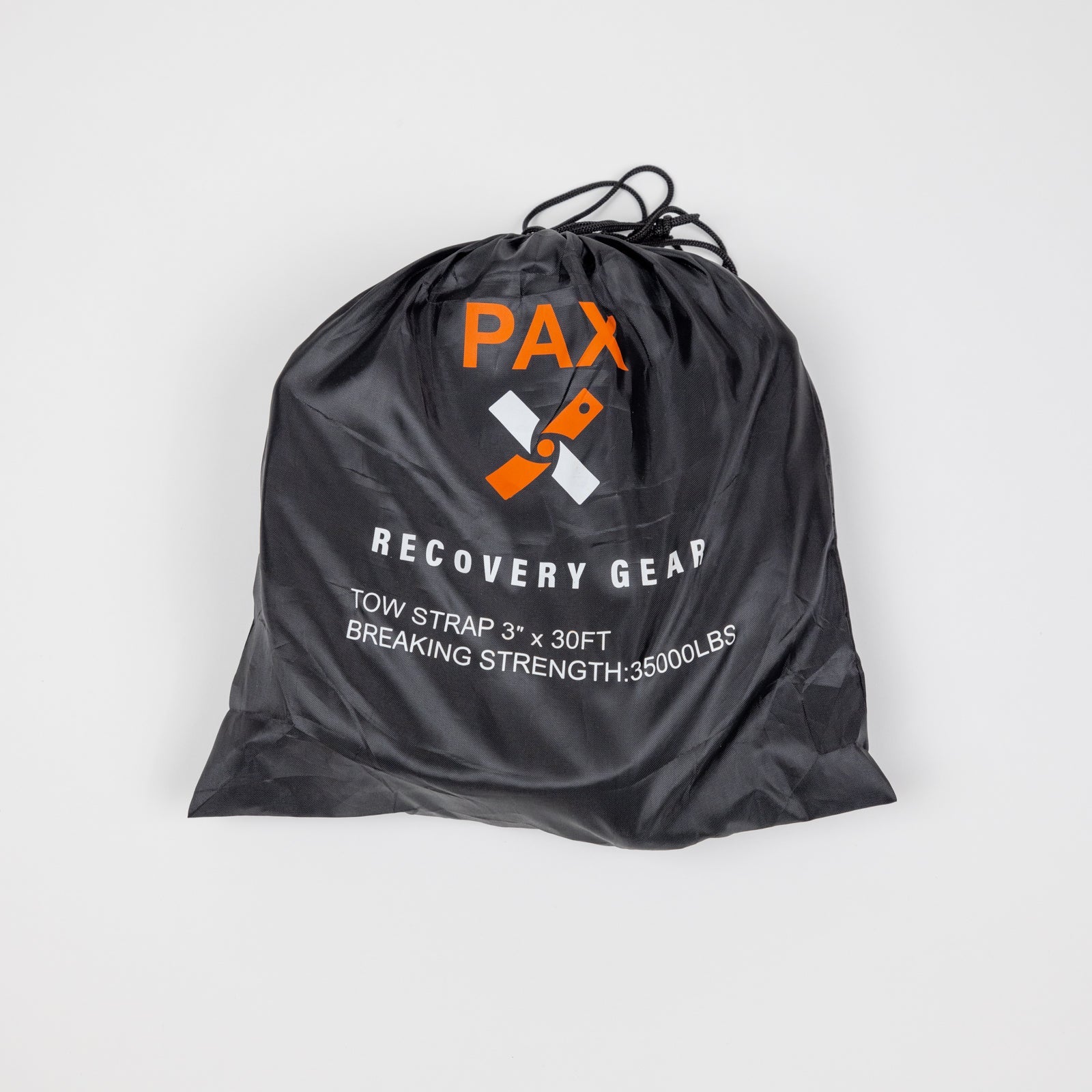 30-foot flat tow strap in a storage bag, designed for recovery with a breaking strength of 3500 lbs. Ideal for offroad use.