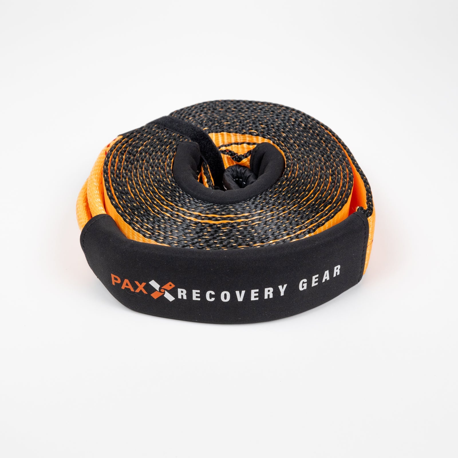30-foot flat strap for vehicle recovery, featuring durable construction and a protective sleeve for safety.