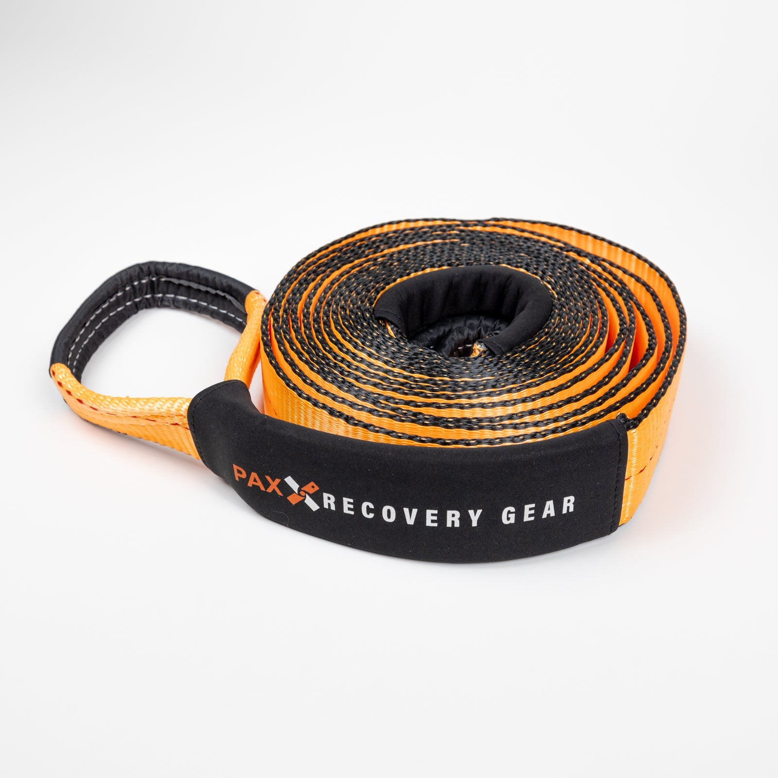 30-foot flat strap for vehicle recovery, featuring durable construction and a comfortable handle for easy use.