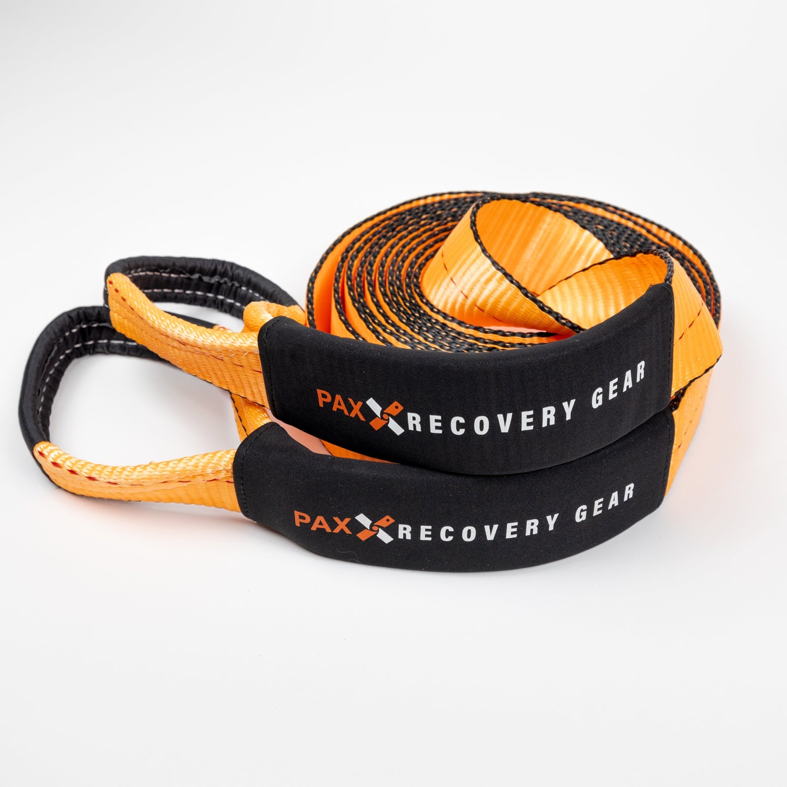 30-foot flat strap designed for vehicle recovery, featuring durable construction and padded handles for secure grip.
