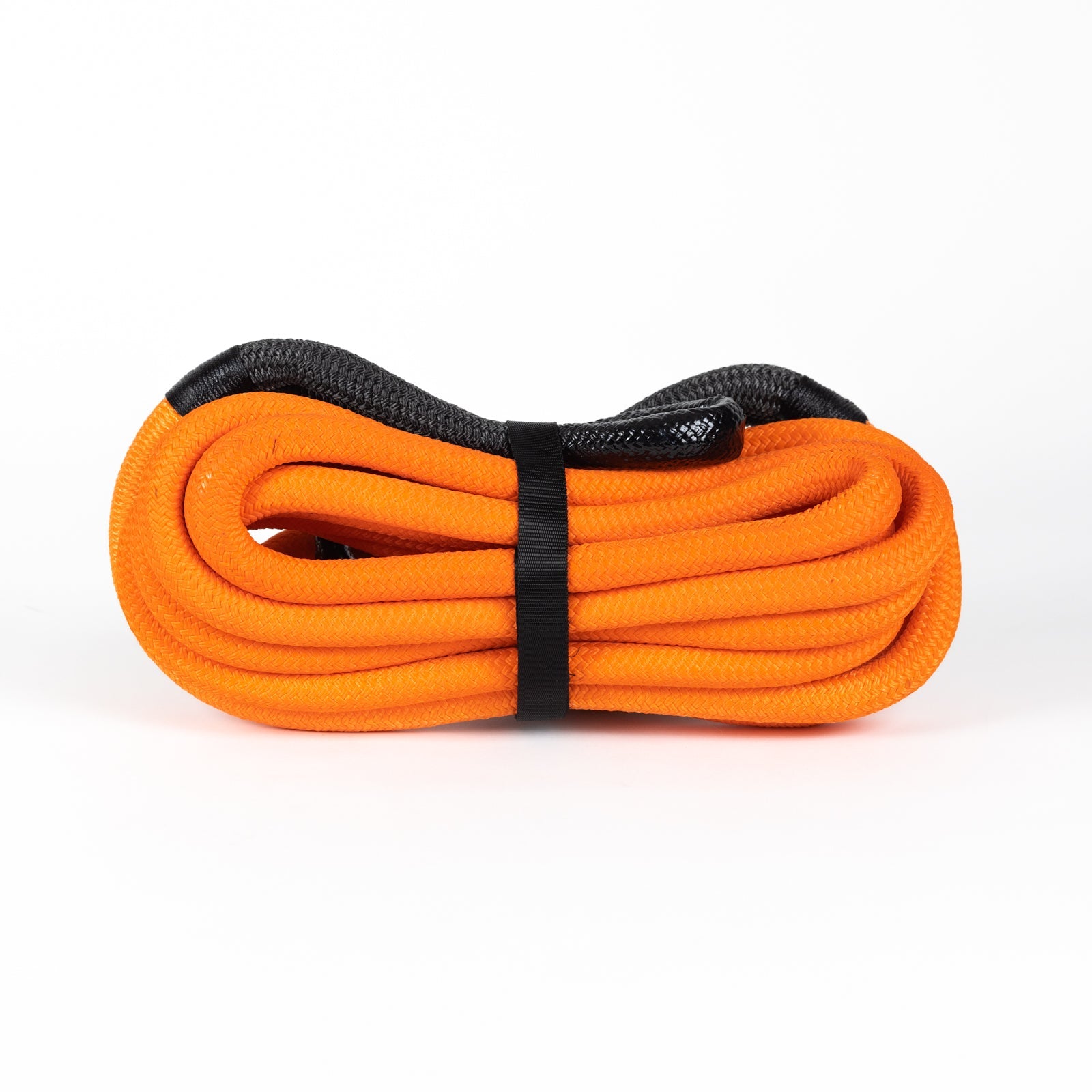 30-foot kinetic rope in vibrant orange, coiled and secured with a black strap, ideal for offroad recovery and towing.