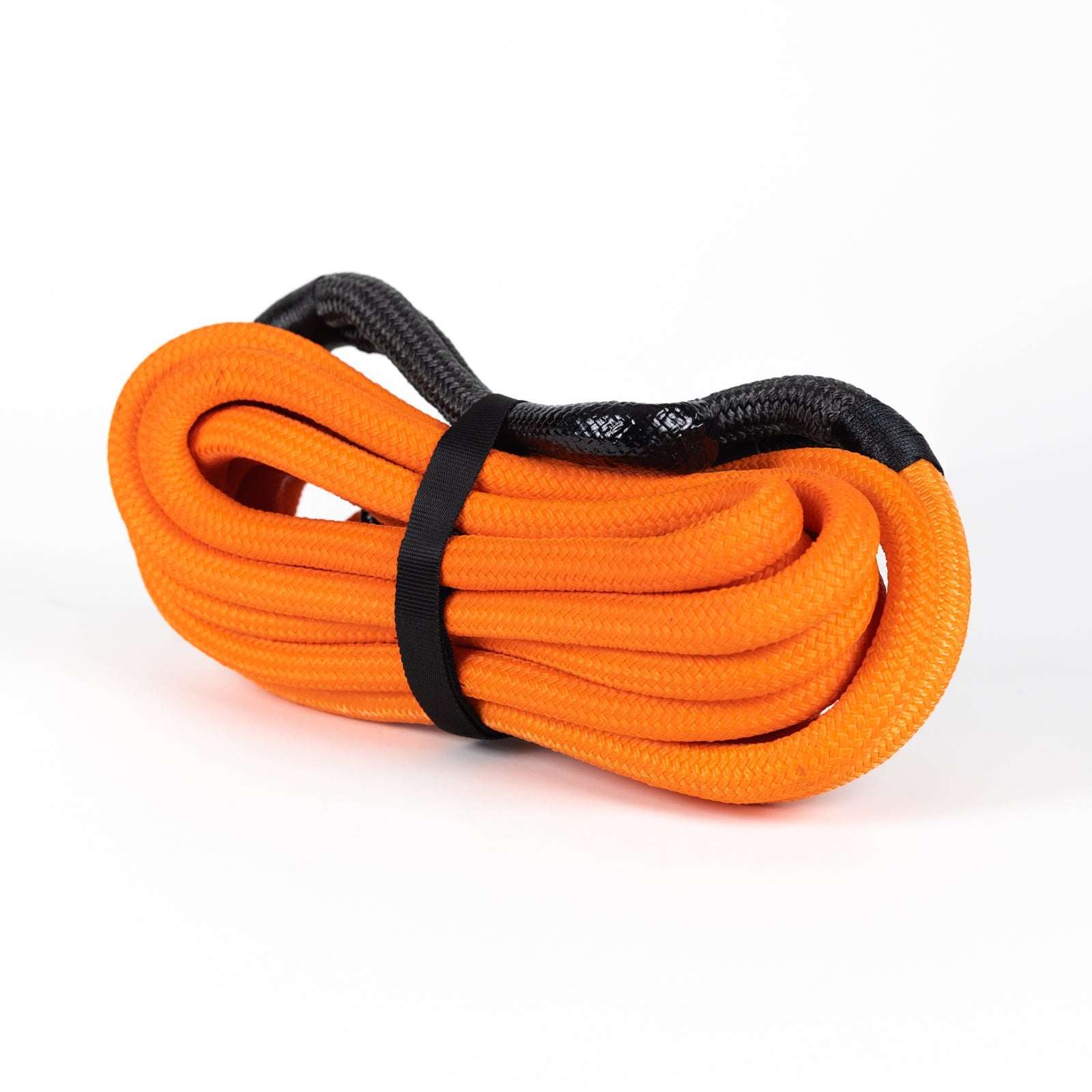 30-foot kinetic rope in vibrant orange with a black handle, designed for offroad recovery and towing applications.
