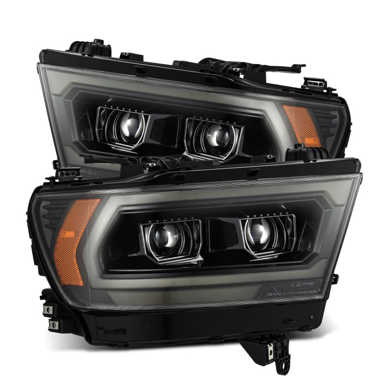 AlphaRex LUXX LED projector headlights for 2019-2022 Ram 1500 in alpha black finish, featuring sleek design and enhanced visibility.