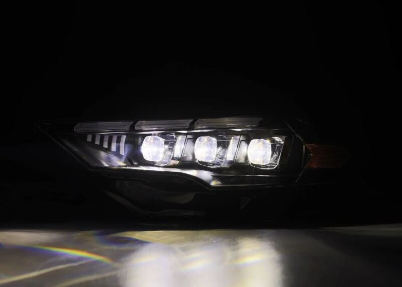 AlphaRex NOVA LED projector headlights for 2018-2020 Ford Mustang in black with sequential signals and daytime running lights.