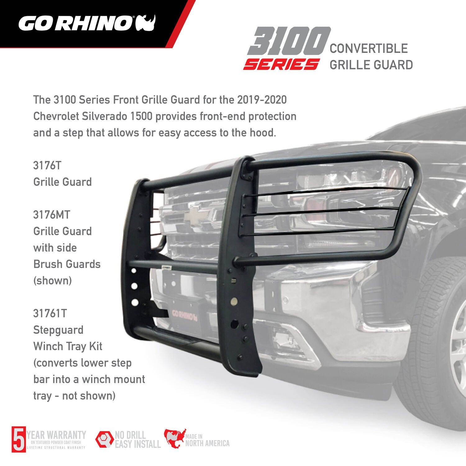 3100 Series StepGuard with Brush Guards Textured Black 2019-2021 Silverado 1500 2022-2022 Silverado 1500 LTD Go Rhino