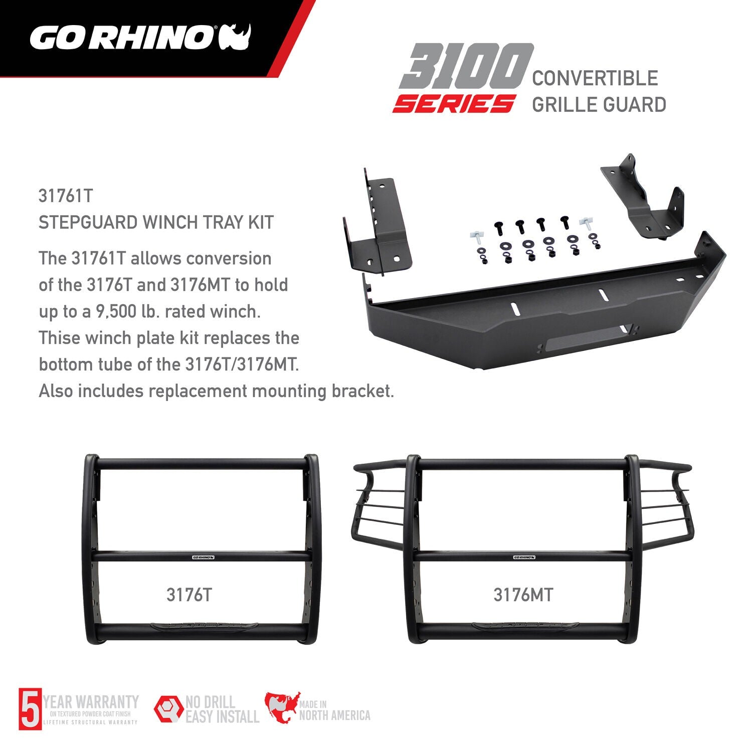 3100 Series StepGuard Center Grille Guard Only Textured Black 2019-2021 Silverado 1500 2022-2022 Silverado 1500 LTD Go Rhino