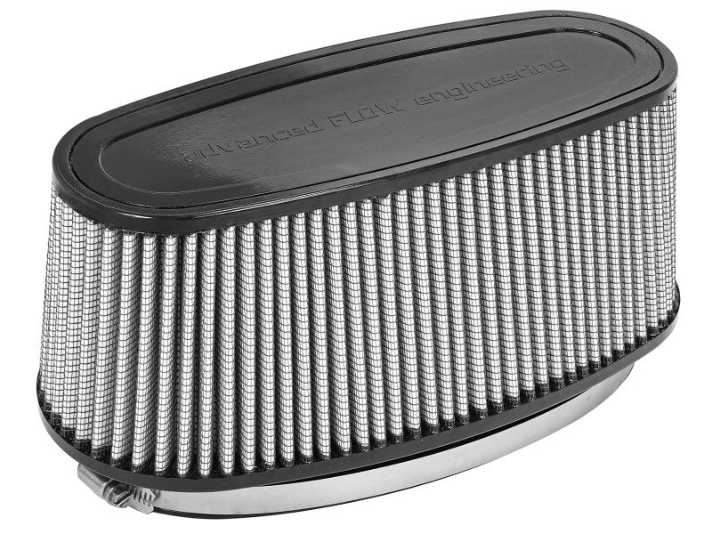afe Magnum FORCE replacement air filter featuring a sleek oval design with a metal base and fine mesh material for optimal airflow.