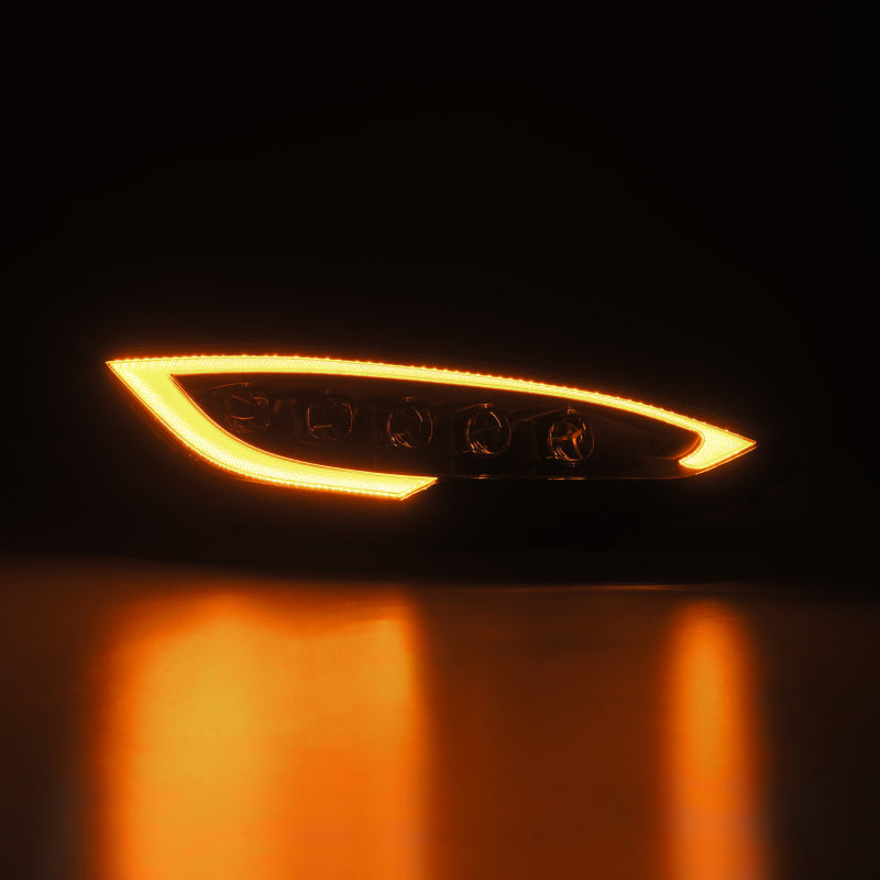 AlphaRex NOVA-Series LED projector headlights for 12-21 Tesla Model S, featuring black housing, activation light, and sequential signal.