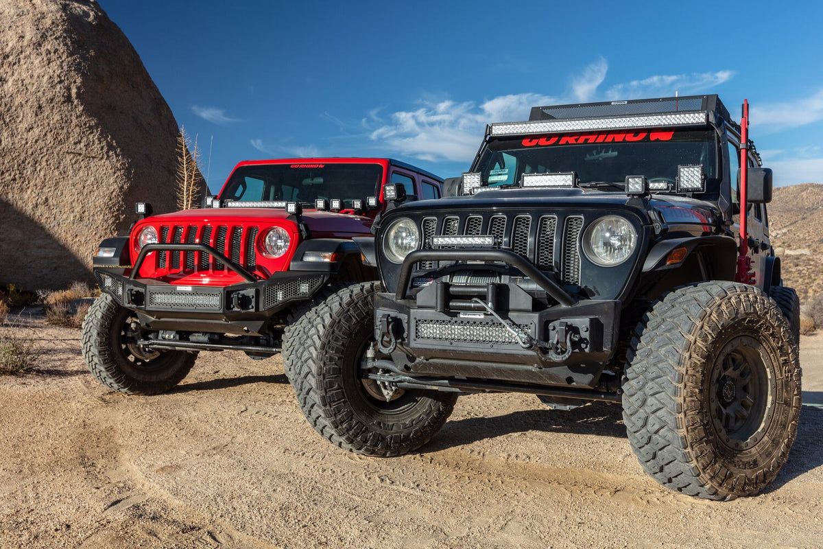 Rockline Front Stubby Bumper W/ Overrider Textured Black 2007-2025 Jeep Wrangler JK/JL 2020-2025 Jeep Gladiator Go Rhino