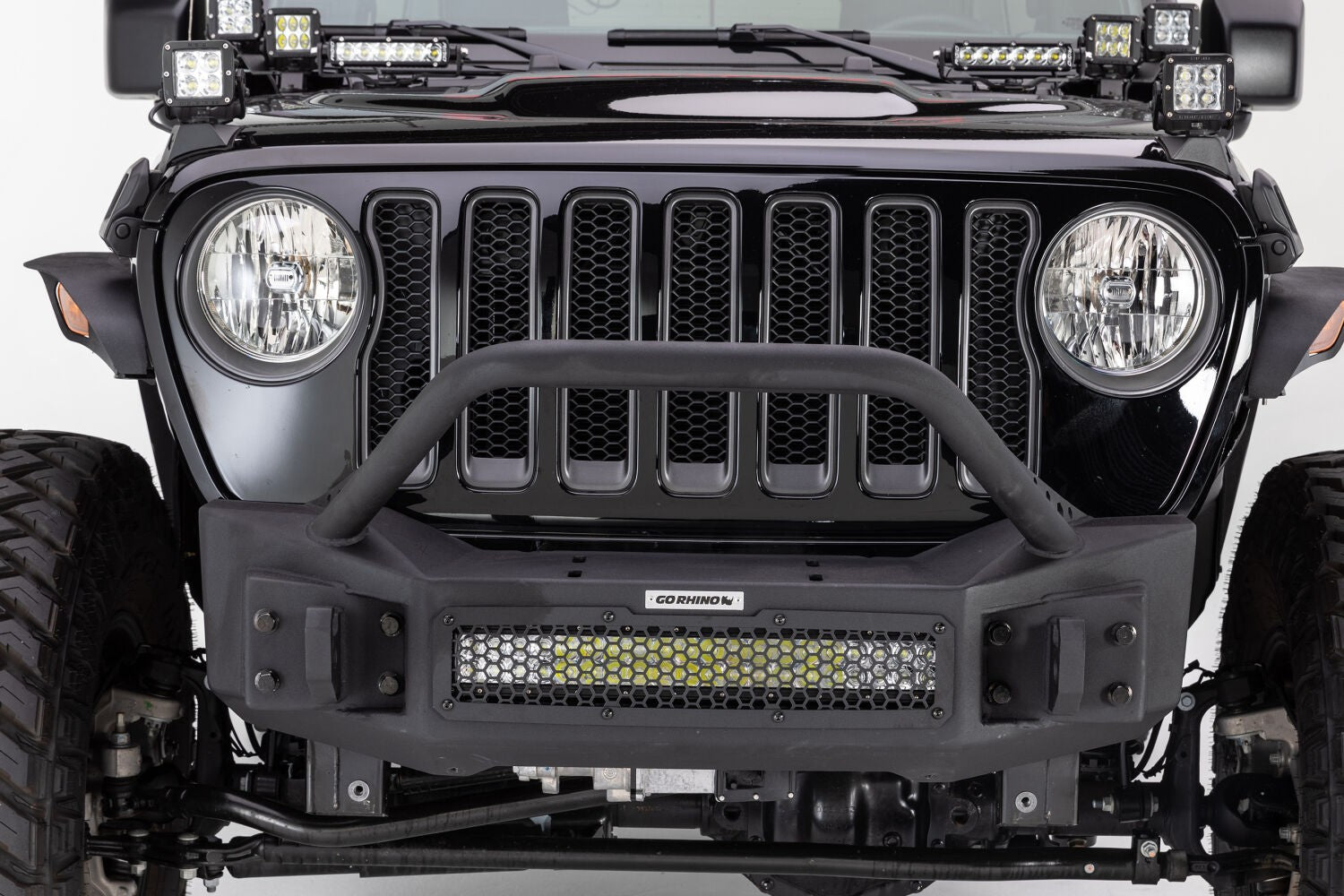 Rockline Front Stubby Bumper W/ Overrider Textured Black 2007-2025 Jeep Wrangler JK/JL 2020-2025 Jeep Gladiator Go Rhino