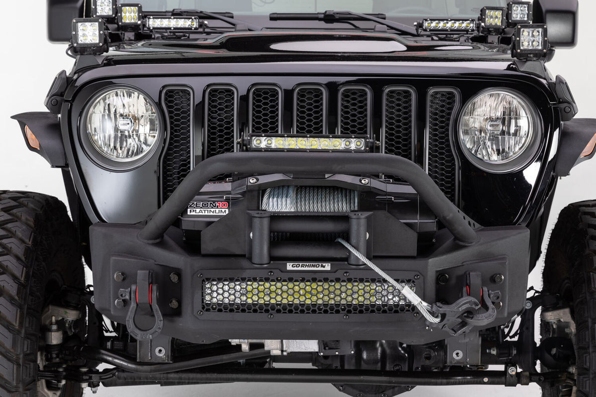 Rockline Front Stubby Bumper W/ Overrider Textured Black 2007-2025 Jeep Wrangler JK/JL 2020-2025 Jeep Gladiator Go Rhino