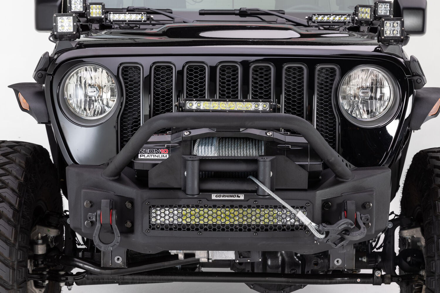 Rockline Front Stubby Bumper W/ Overrider Textured Black 2007-2025 Jeep Wrangler JK/JL 2020-2025 Jeep Gladiator Go Rhino