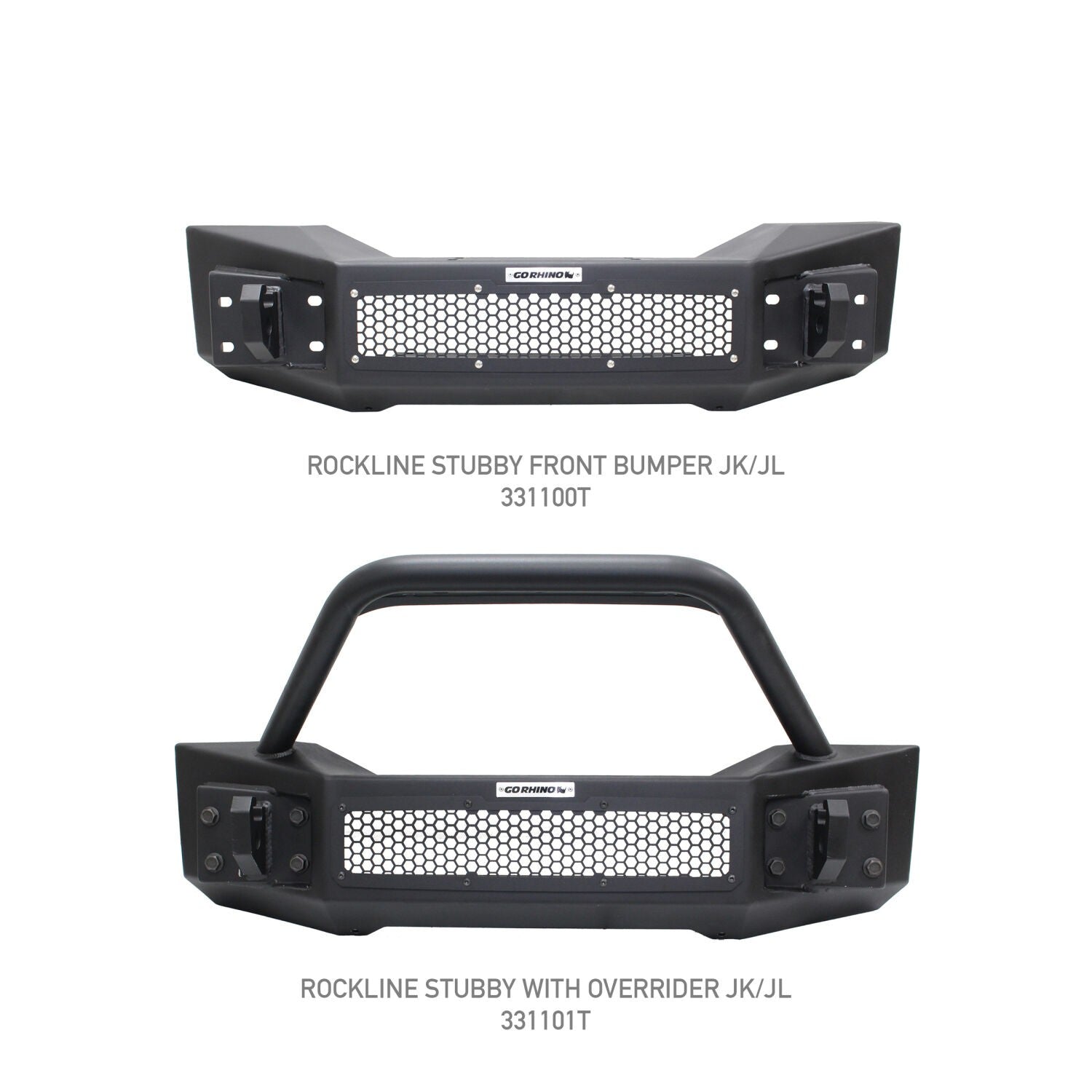 Rockline Front Stubby Bumper W/ Overrider Textured Black 2007-2025 Jeep Wrangler JK/JL 2020-2025 Jeep Gladiator Go Rhino