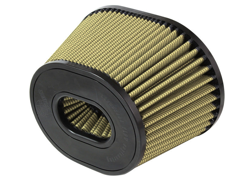 afe Magnum FORCE replacement air filter featuring a cylindrical design with a black frame and textured gold filter media.