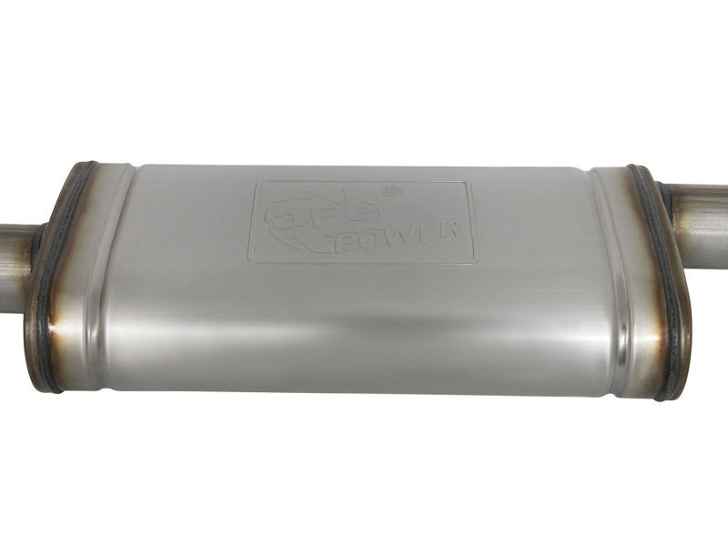 Afe Apollo GT Series Cat-Back Exhaust System for GM Trucks, featuring a polished stainless steel muffler designed for V6 and V8 engines.