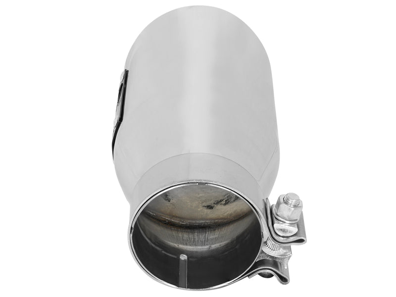 Polished afe MACH Force-Xp universal exhaust tip with a 3-inch inlet, 4.5-inch outlet, and 9-inch length for enhanced performance.