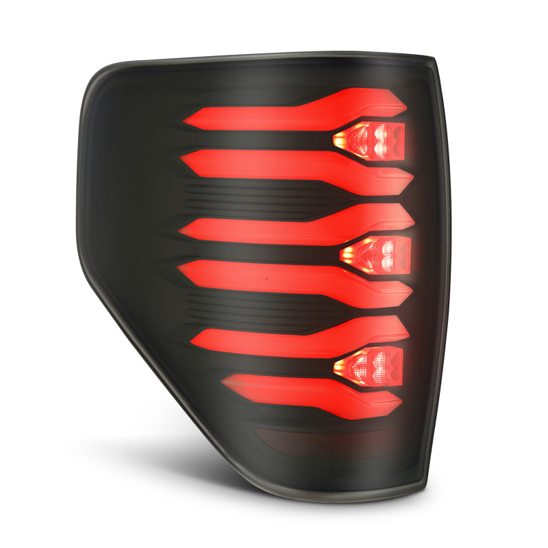 AlphaRex LUXX LED taillights for 09-14 Ford F150 with black housing, featuring a sleek design and bright red LEDs.